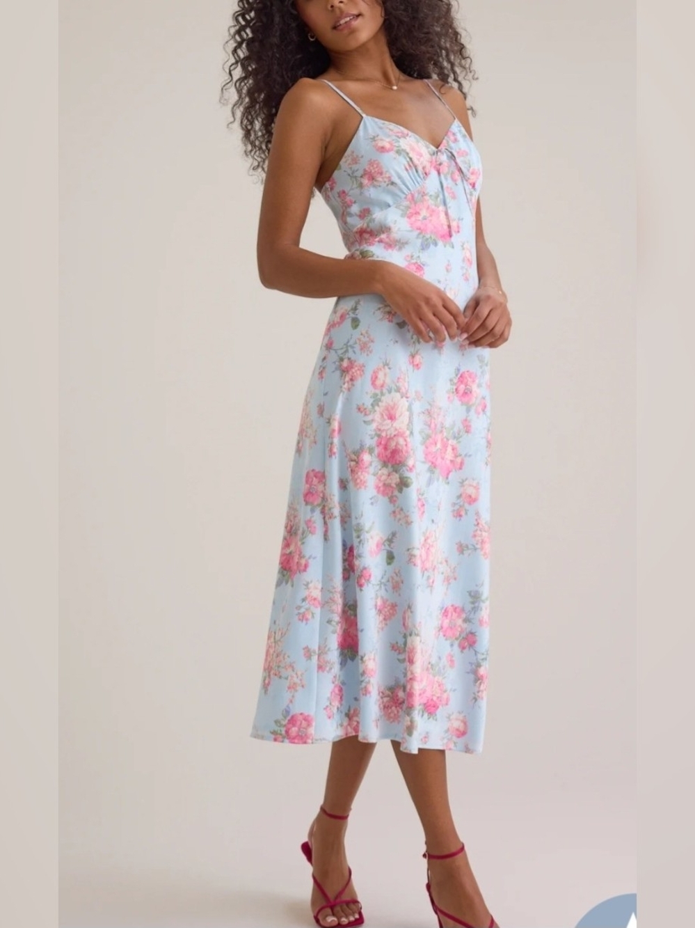 Light Blue Floral Slip Midi Dress with Pink Roses